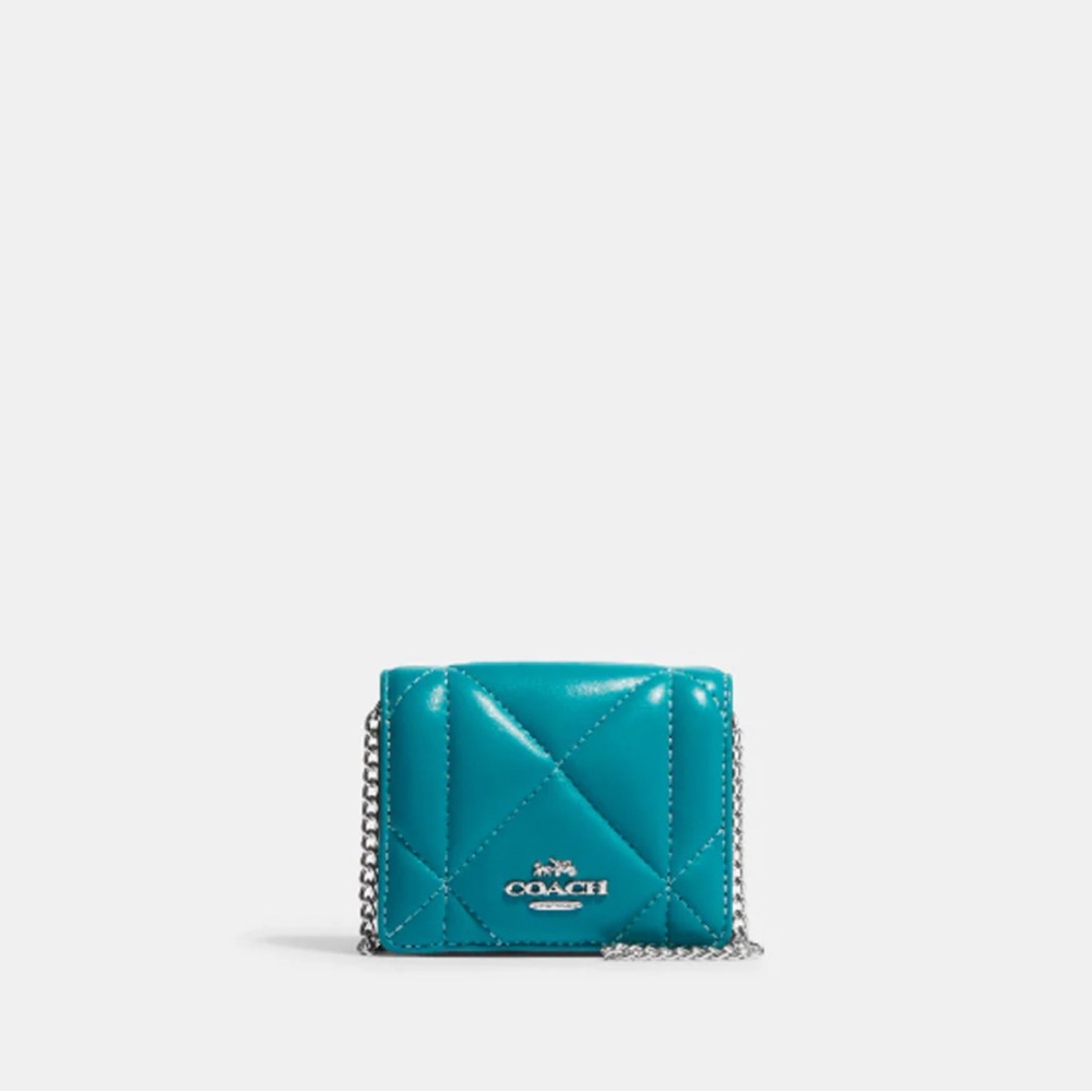 Coach Blue Mini Quilted wallet on a chain with puffy diamond quilting